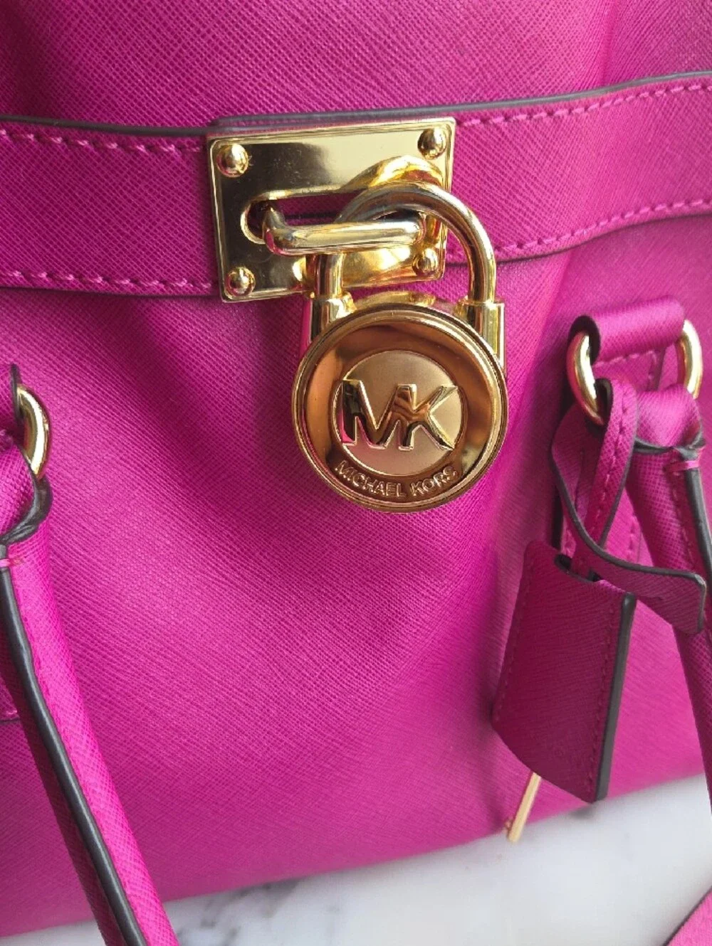 Michael Kors Hot Pink/ Purple Saffiano Leather Satchel with Gold Hardware
